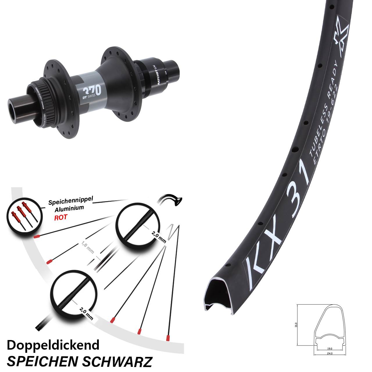 KX 31 Offset DT Swiss 370 XDR 28 Zoll Centerlock Hinterrad 12x142