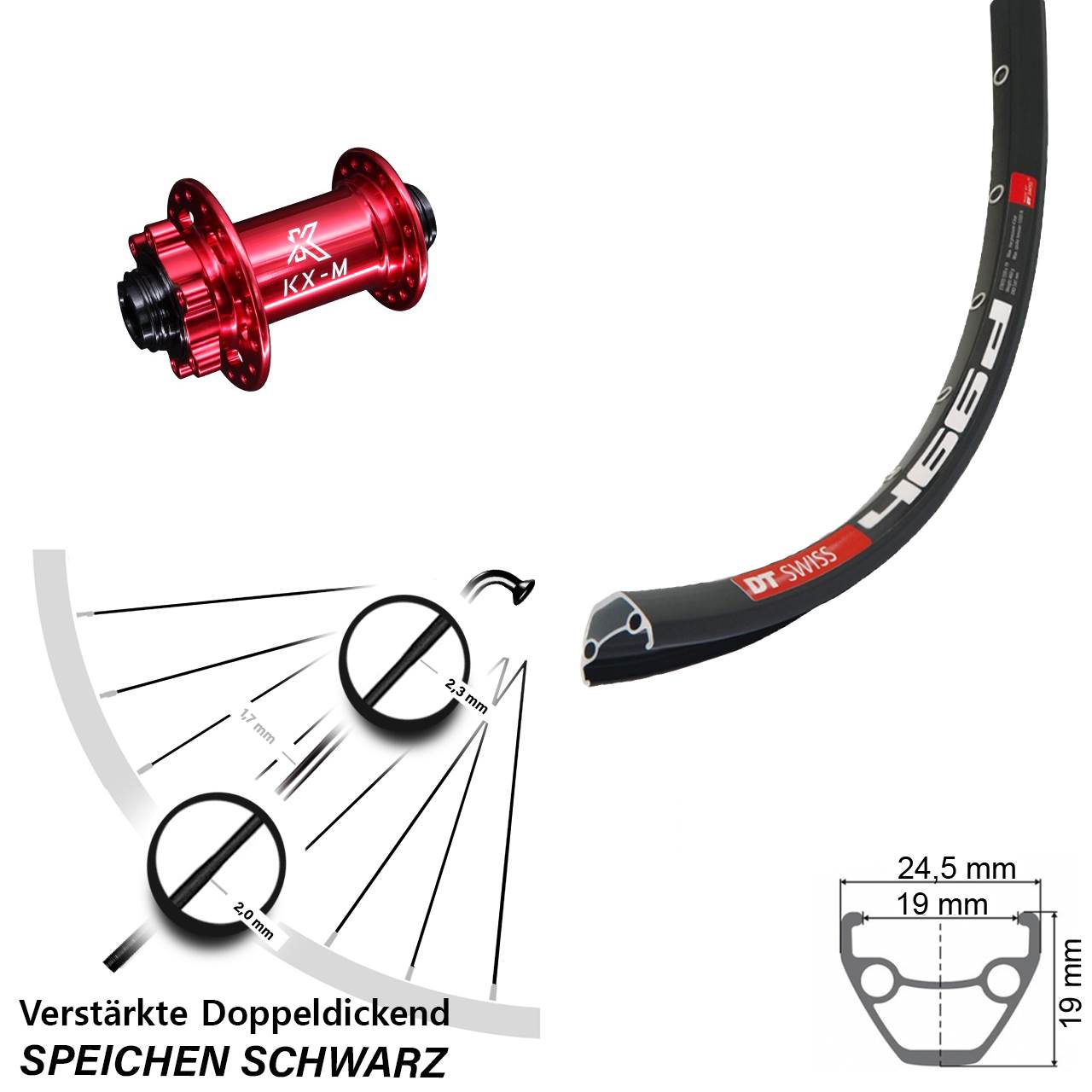 28-29 Zoll DT Swiss 466 KX-M rot Disc Vorderrad 15x100