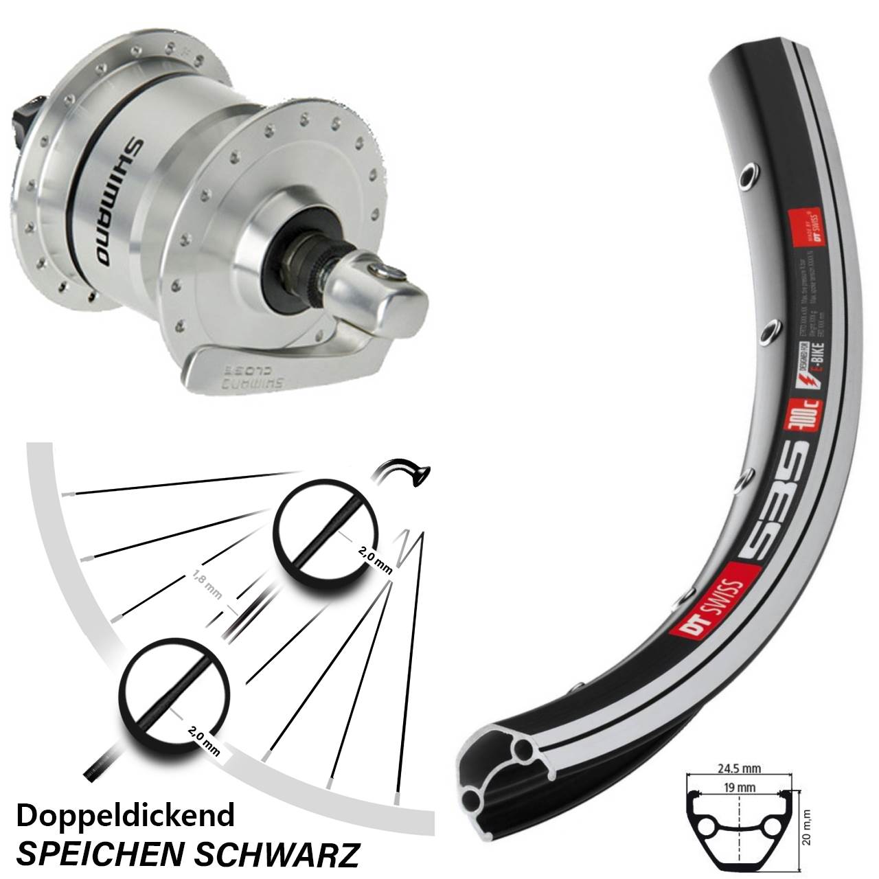 28 Zoll Vorderrad Shimano DH-3N72 Nabendynamo DT Swiss 535 5x100