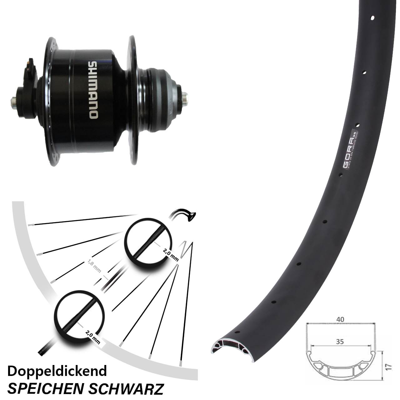 Disc Nabendynamo-Laufrad 27,5 Zoll Gora 35 Shimano DH-3D72 für Schnellspanner