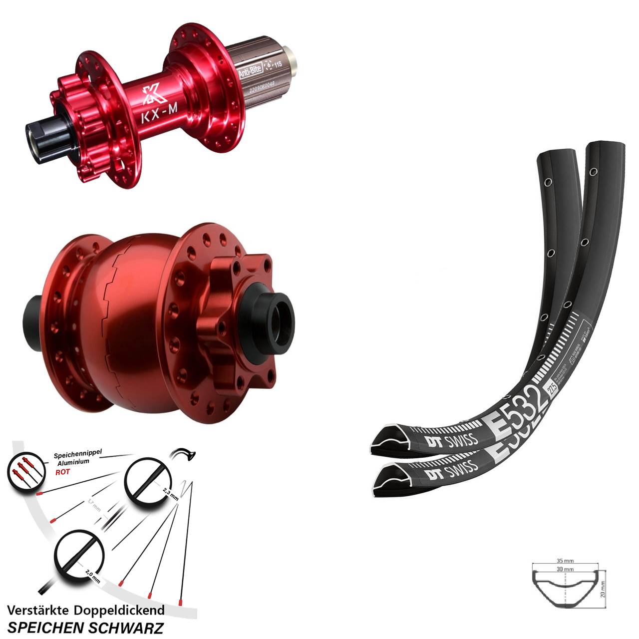 DT Swiss E532 KX-M rot SON 28 27,5 Zoll 6-Loch Laufradsatz 15x100 12x142 8-12 fach