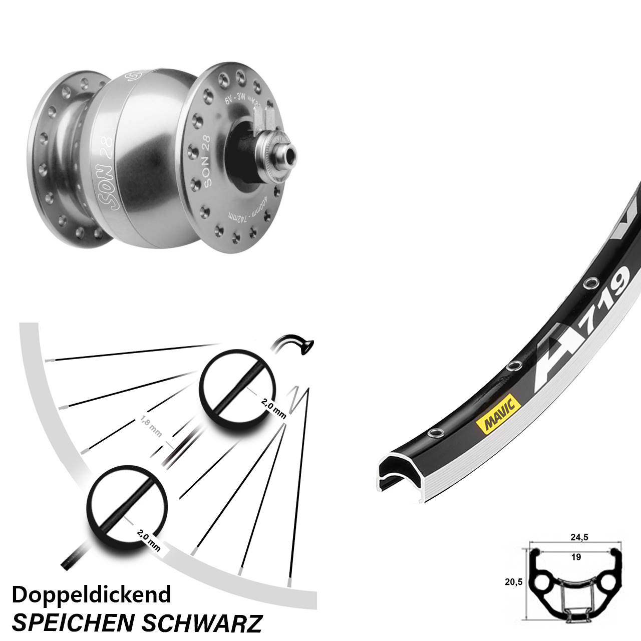 SON 28 Zoll Mavic A719 silbern Vorderrad mit Nabendynamo für Schnellspanner