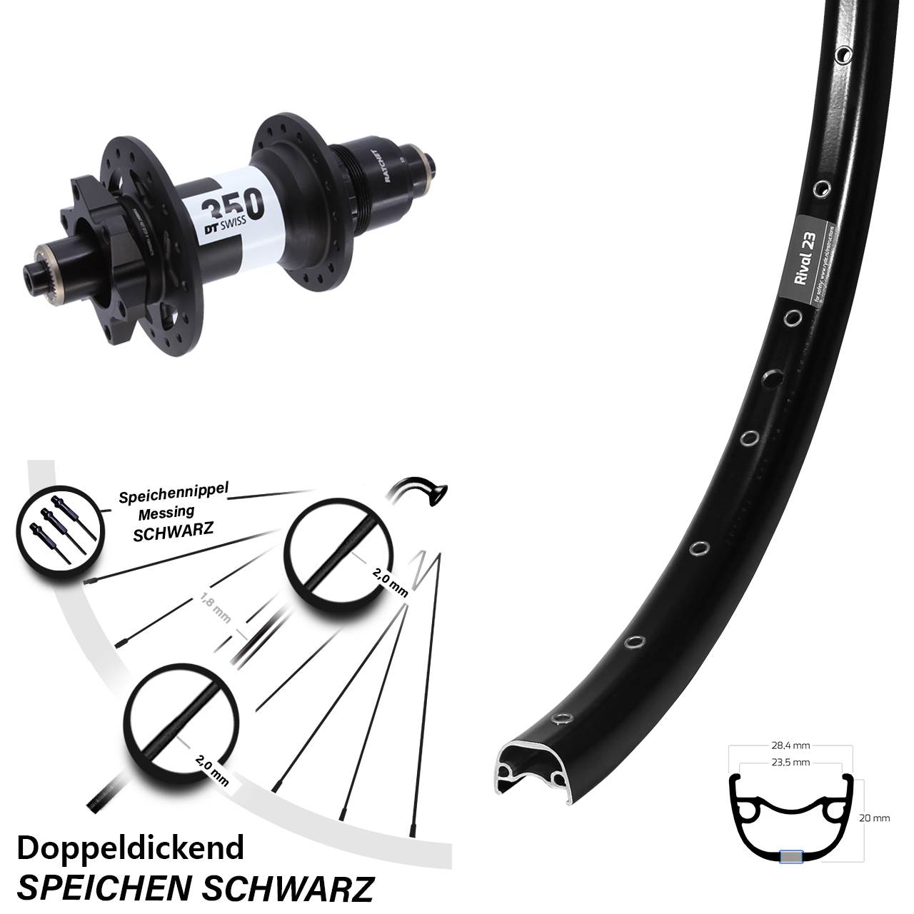 27,5 Zoll Ryde Rival 23 DT Swiss 350 Disc Laufrad für Schnellspanner XD