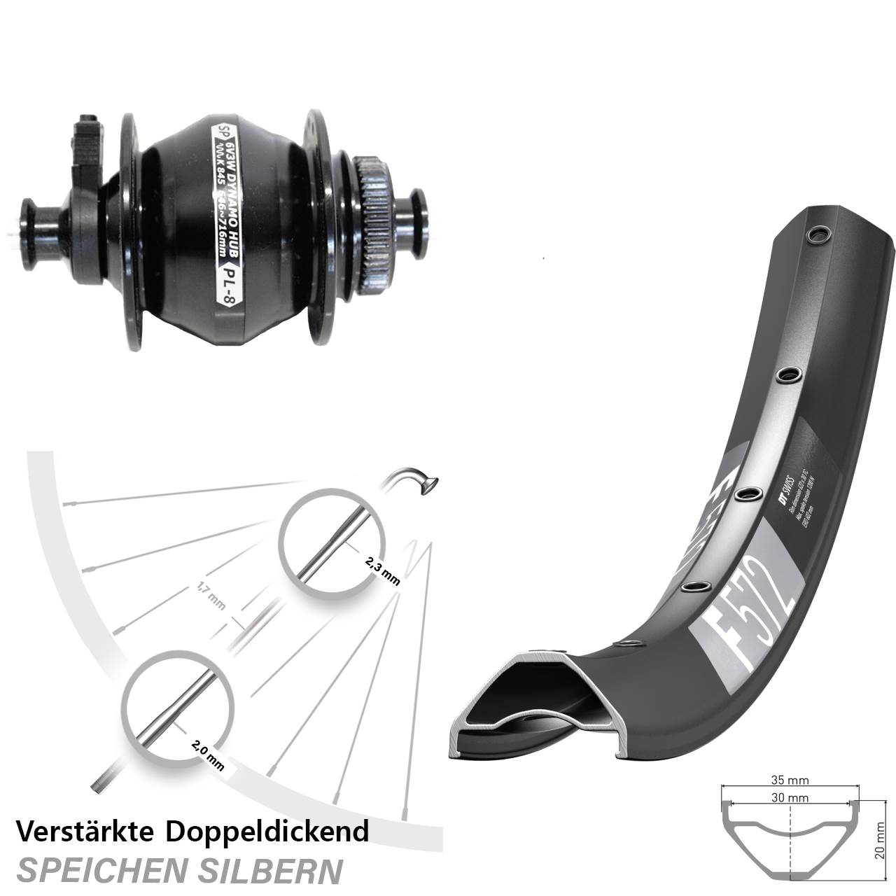 Nabendynamovorderrad Centerlock QR 29 Zoll DT Swiss F572 Shutter PL-8