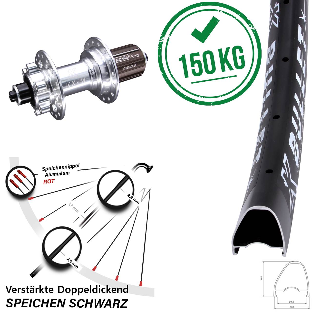 KX-M Bullet OS 28 Zoll Hinterrad 6-Loch QR 8-12 fach HG