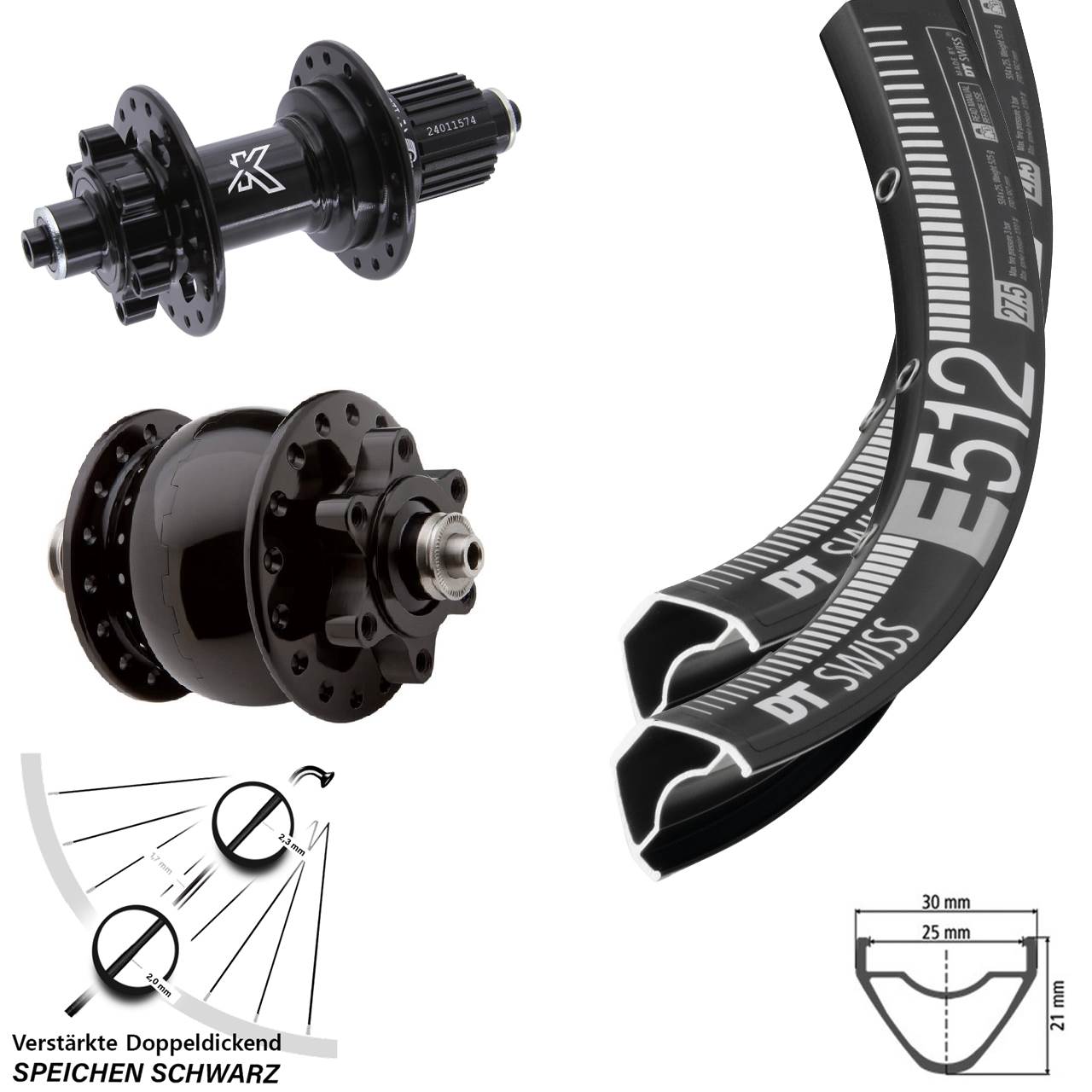 Disc Laufrad-Satz für Schnellspanner 27,5 Zoll DT Swiss E512 KX-M SON 28 Micro Spline