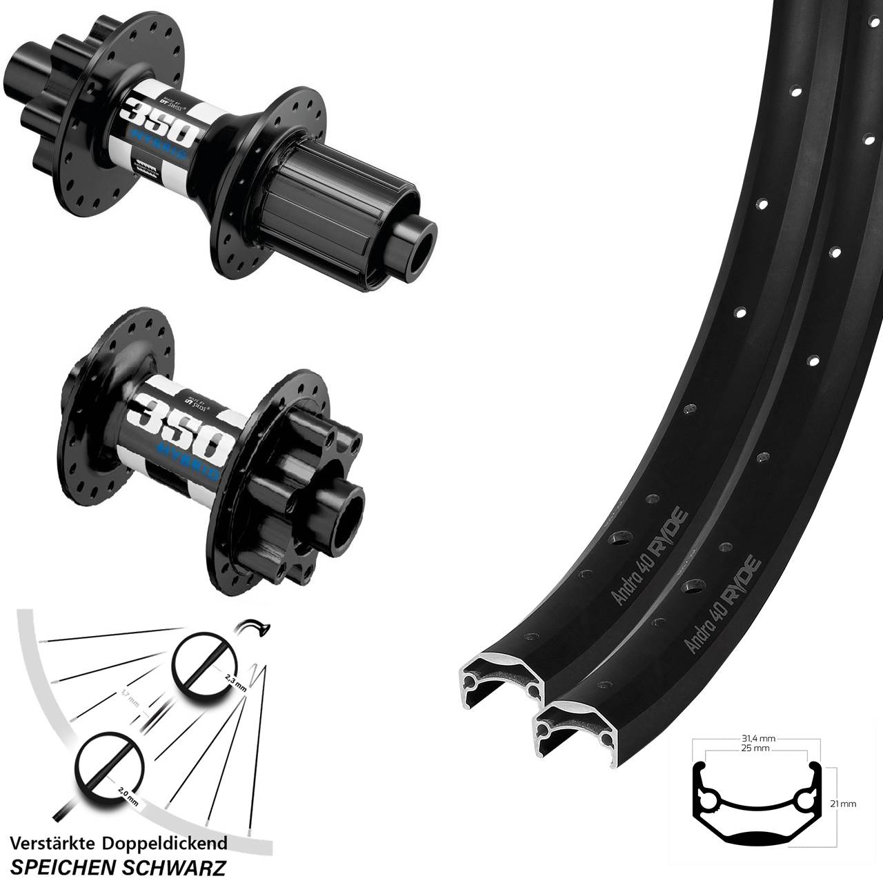27,5 Zoll Ryde Andra 40 DT Swiss 350 Hybrid Disc Laufrad-Satz 15x110 12x148 8-11 fach