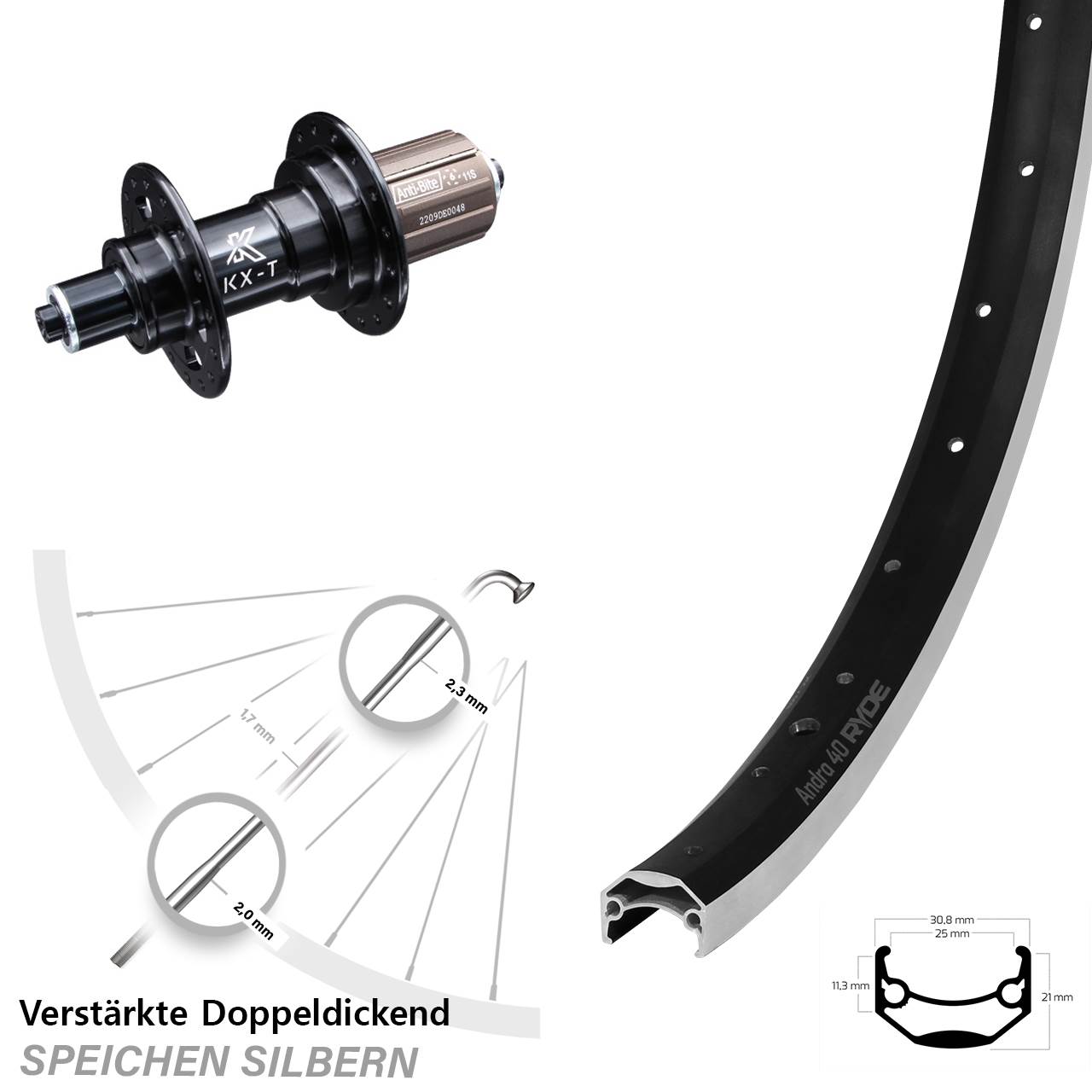 28 Zoll Ryde Andra 40 KX-T Hinterrad für Schnellspanner 8-11 fach HG