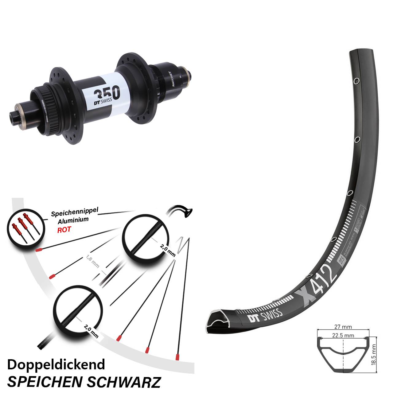 DT Swiss X 412-350 29 Zoll Disc Laufrad für Schnellspanner Boost XD