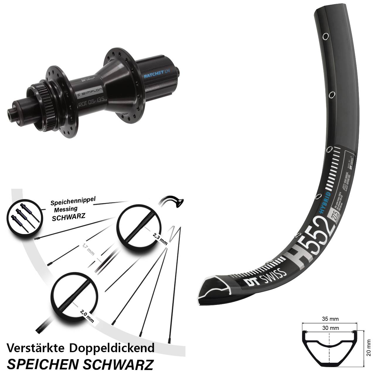 27,5 Zoll DT Swiss H552-370 Hybrid Disc Hinterrad QR 8-11 fach HG