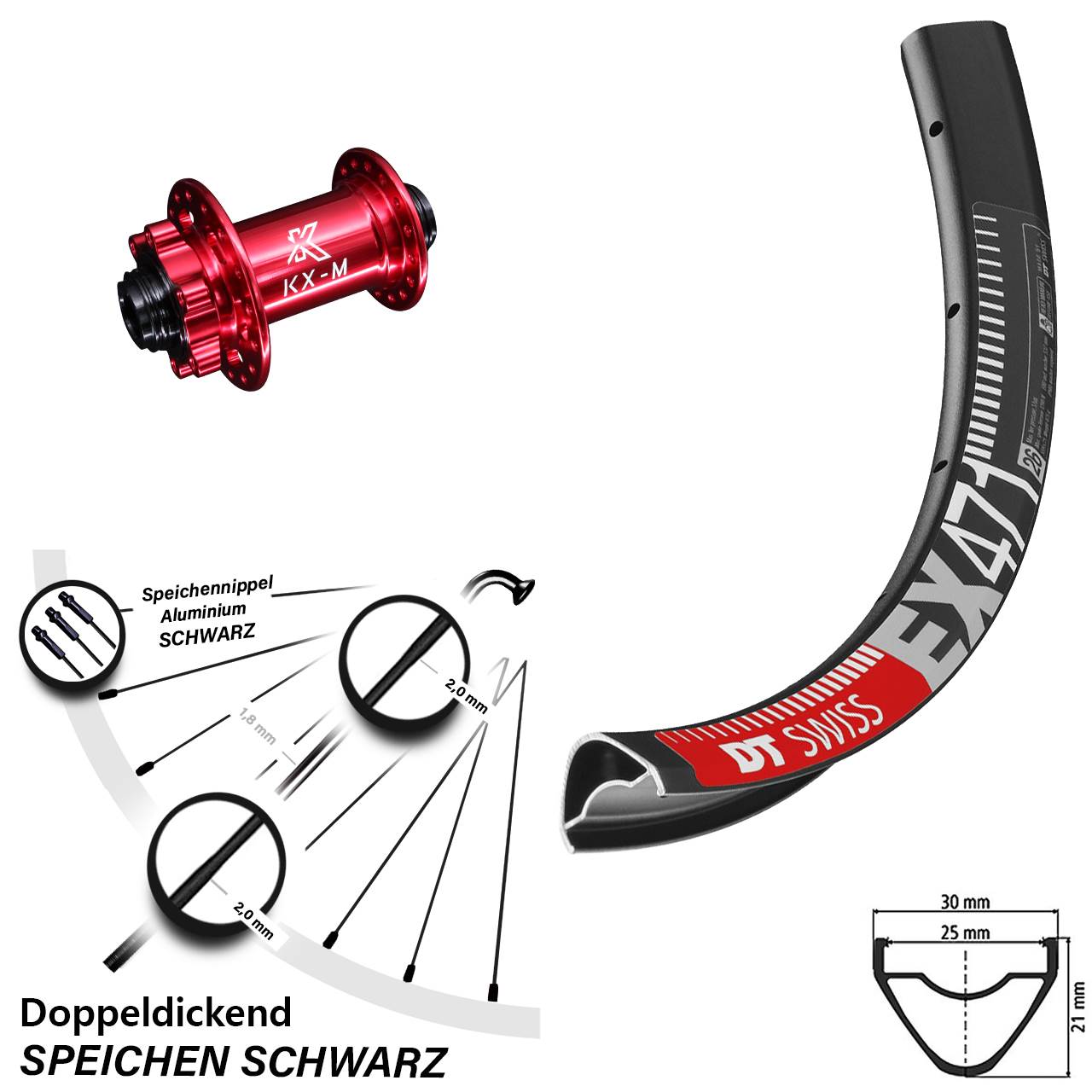 29 Zoll Enduro MTB Vorderrad DT Swiss EX 471 mit KX-M Nabe rot-eloxiert 15x100 mm 6-loch