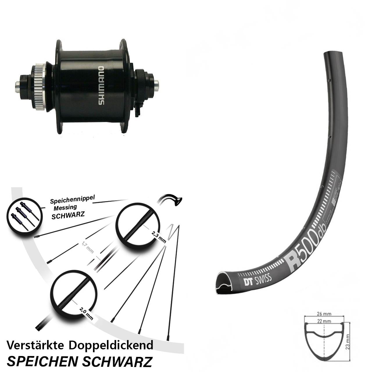 Vorderes Laufrad 28 Zoll DT Swiss R 500 Shimano DH-UR700-3D Dynamo Centerlock