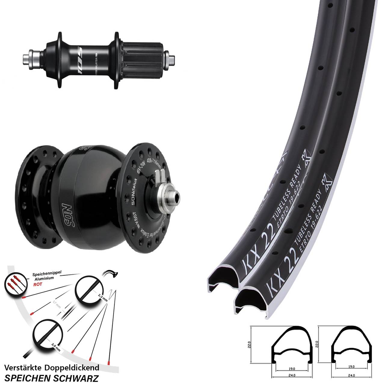 Laufradsatz 28 Zoll KX 22 OS Shimano 105 SON delux wide body 8-12 fach HG QR