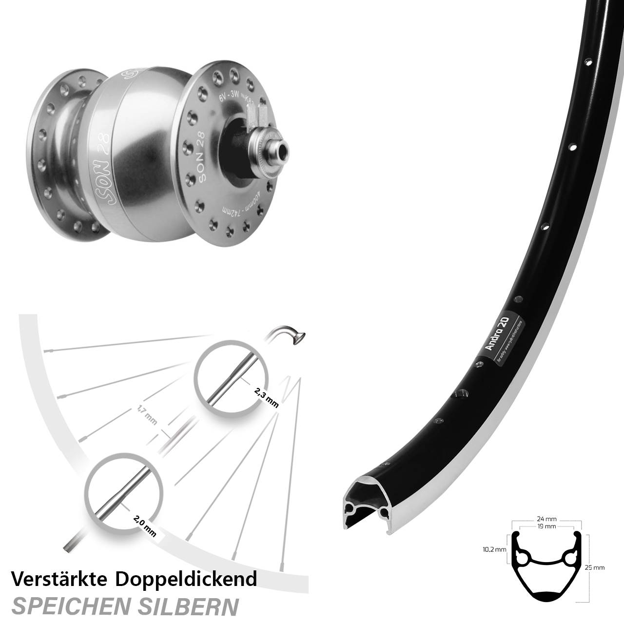 silbern Ryde Andra 20 SON 28 Zoll Laufrad mit Nabendynamo für Schnellspanner