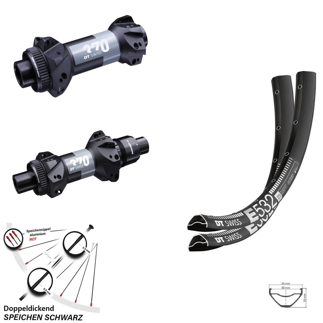 Boost Laufradsatz 27,5 Zoll Straightpull 370 DT Swiss E532 Steckachse Sram XD