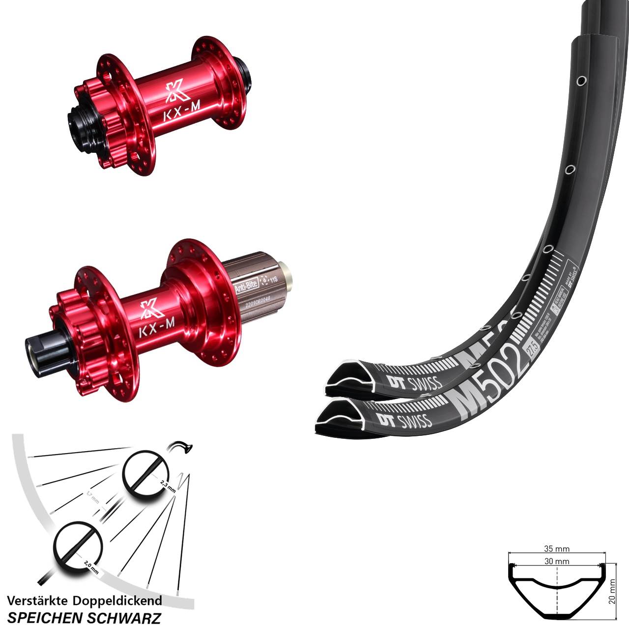 29 Zoll DT Swiss M 502 KX-M rot Laufradsatz 6-Loch 15x100 12x142 8-12 fach HG