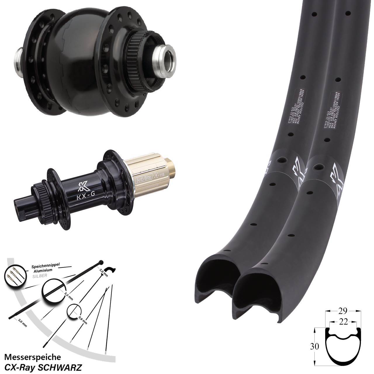 KX-RC Gravel Carbon SON 28 28-29 Zoll Laufradsatz 12x100/142 CX-Ray 8-12 fach HG