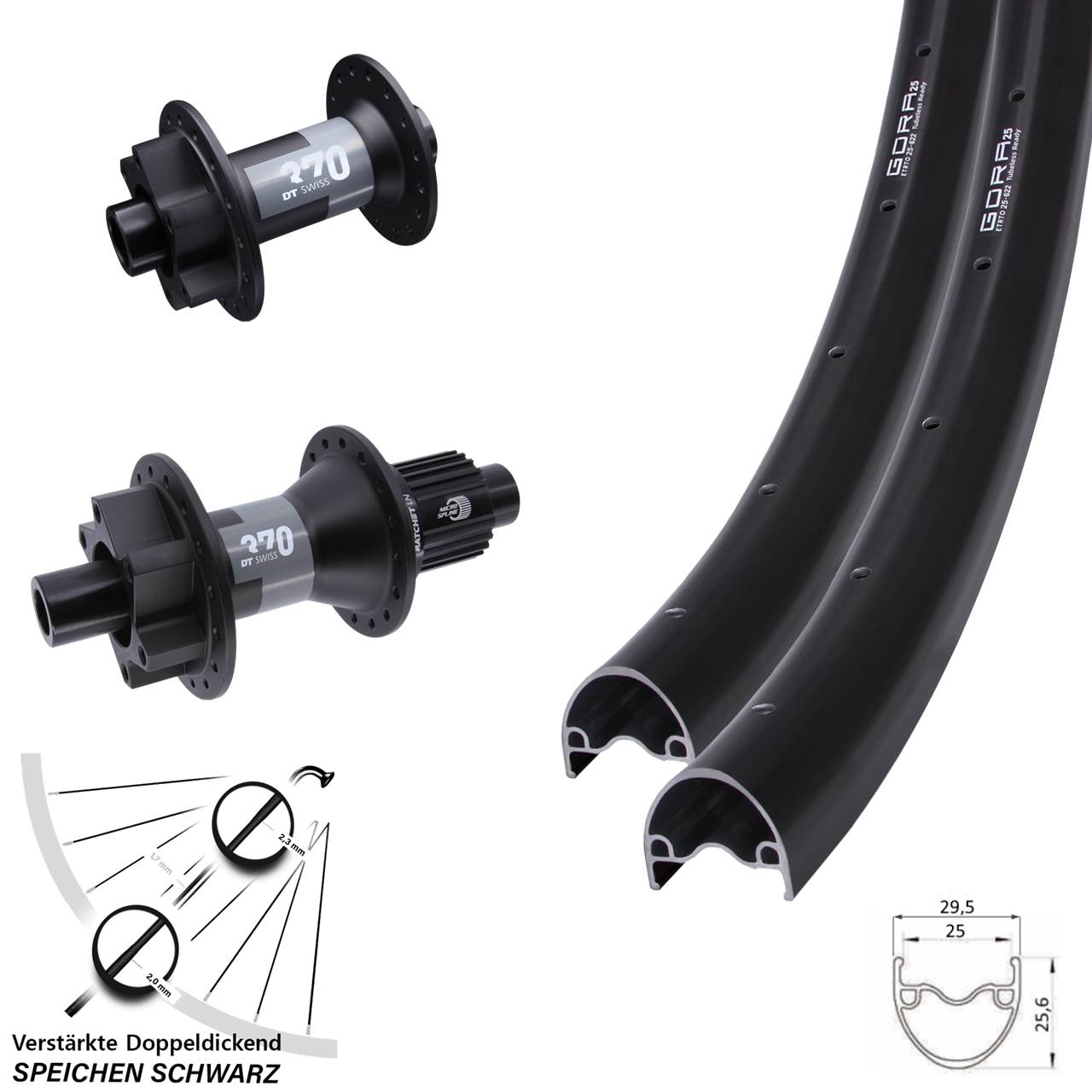 28 Zoll Gora 25 DT Swiss 370 6-Loch Laufradsatz 12x100/142 Shimano Micro Spline