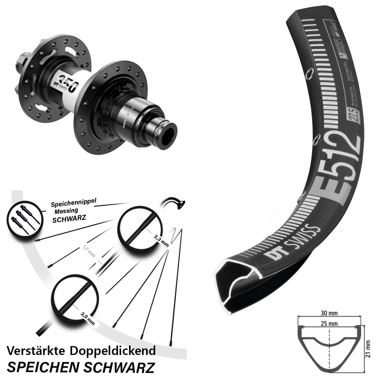 27,5 Zoll DT Swiss E 512 350 DEG 72 Disc Hinterrad 12x148 XD