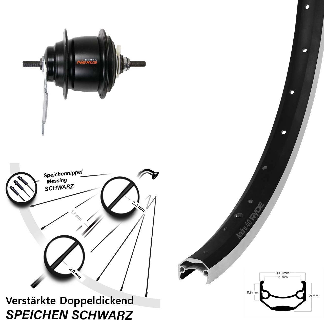 Ryde Andra 40 28 Zoll Hinterrad Shimano Nexus SG-C6001 8 Gang Rücktritt schwarz