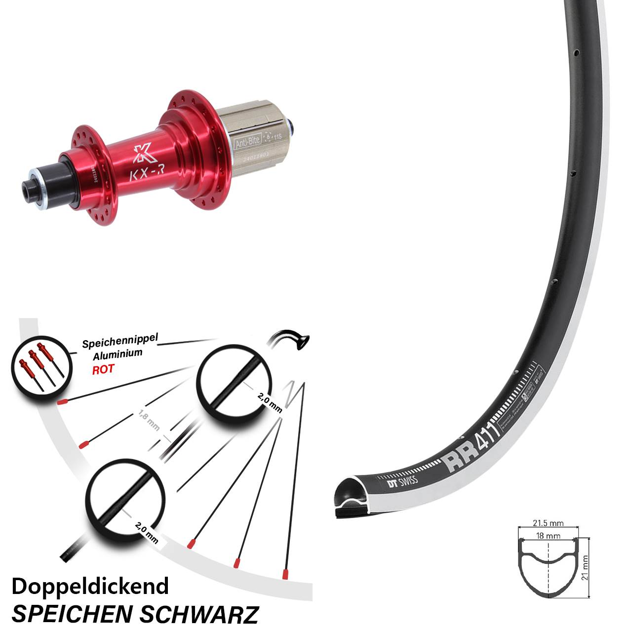 Laufrad hinten 28 Zoll DT Swiss RR411 KX-R rot 8-12 fach für Schnellspanner