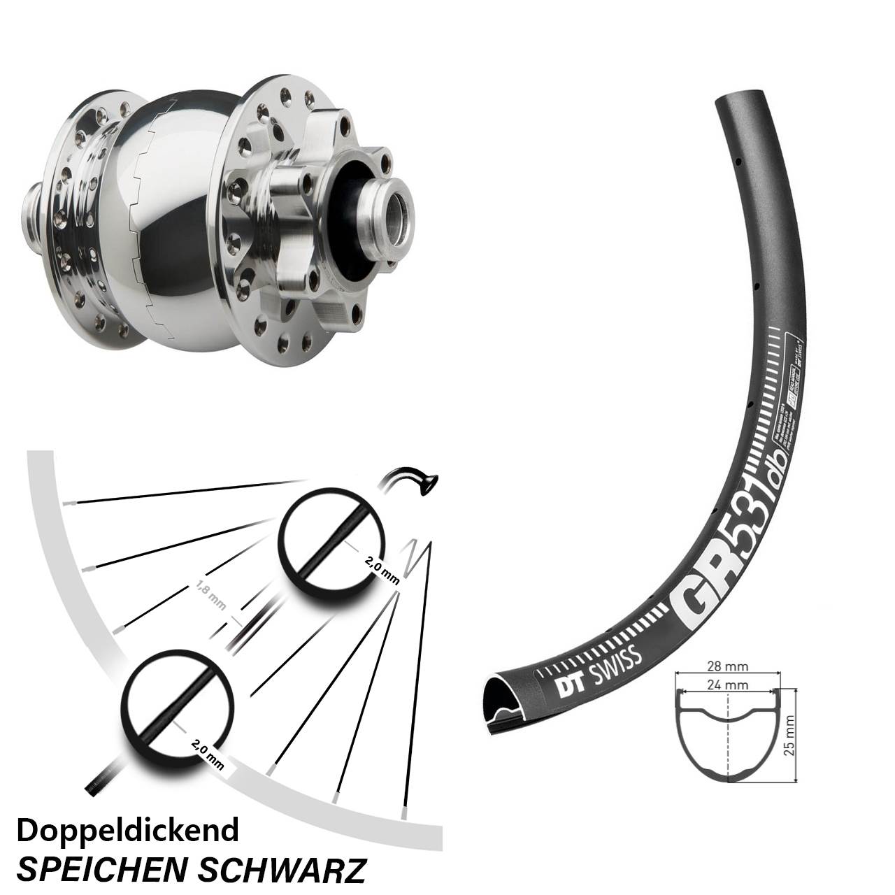 Disc Nabendynamolaufrad 12x100 27,5 Zoll DT Swiss GR531 SON 28 poliert