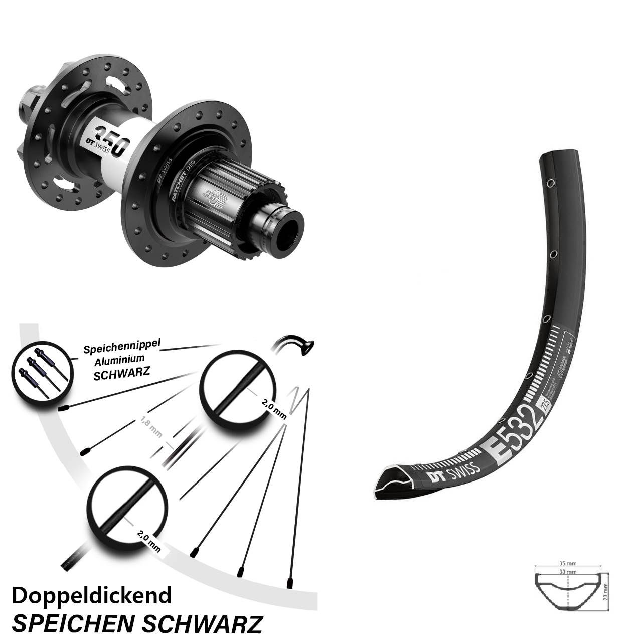 27,5 Zoll DT Swiss E 532-350 DEG72 6-Loch Hinterrad 12x148 Micro Spline