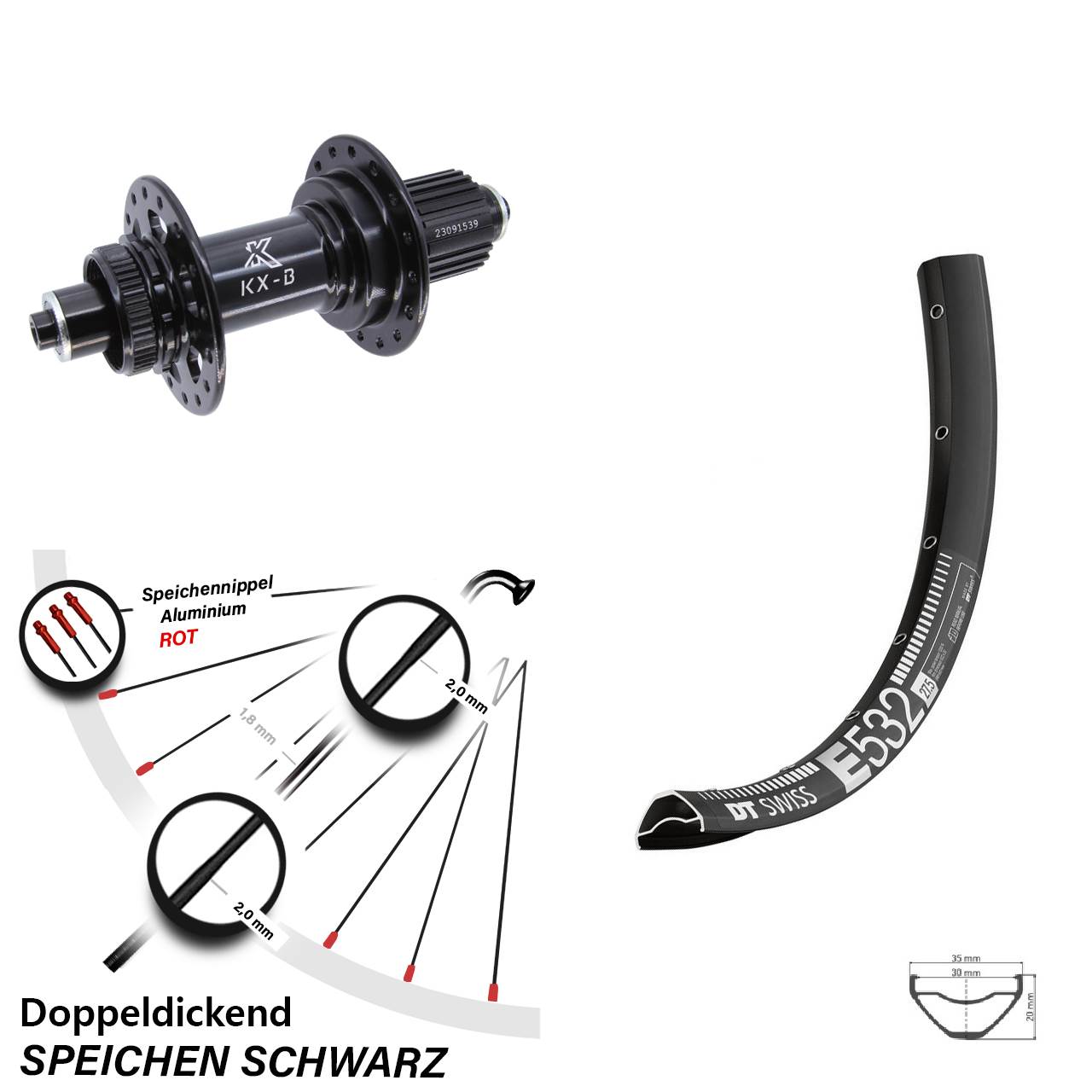 DT Swiss E 532 KX-B 29 Zoll Disc Laufrad für Schnellspanner Boost Micro Spline