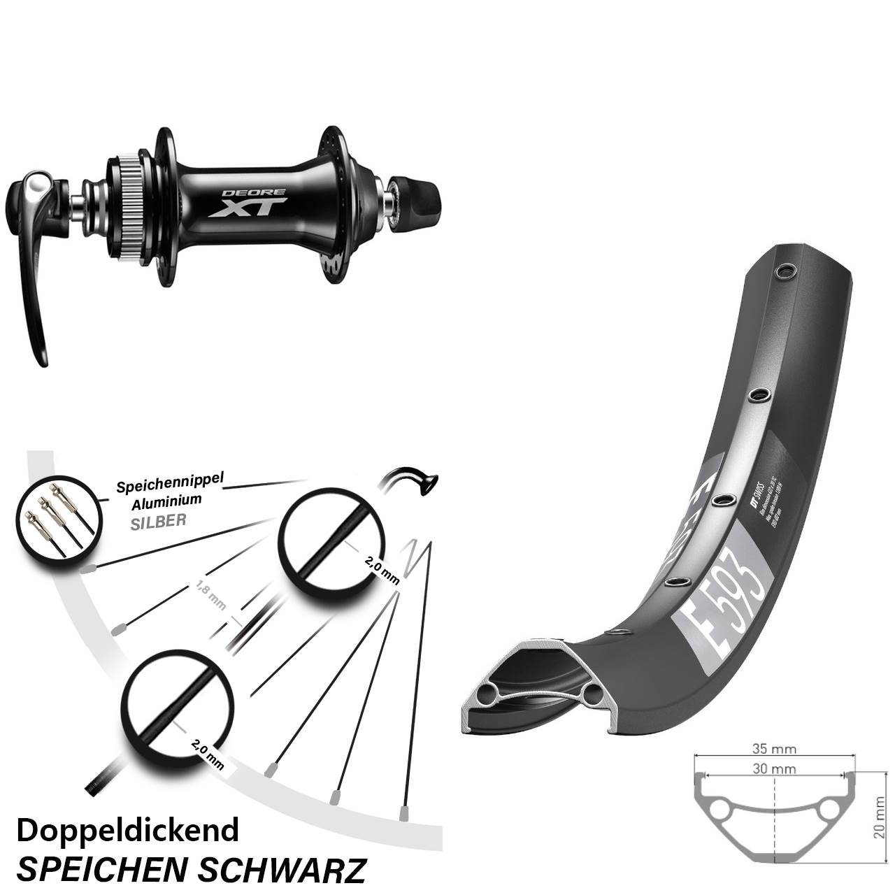 Disc Vorderrad 29 Zoll DT Swiss E593 Shimano HB-M8000 für Schnellspanner