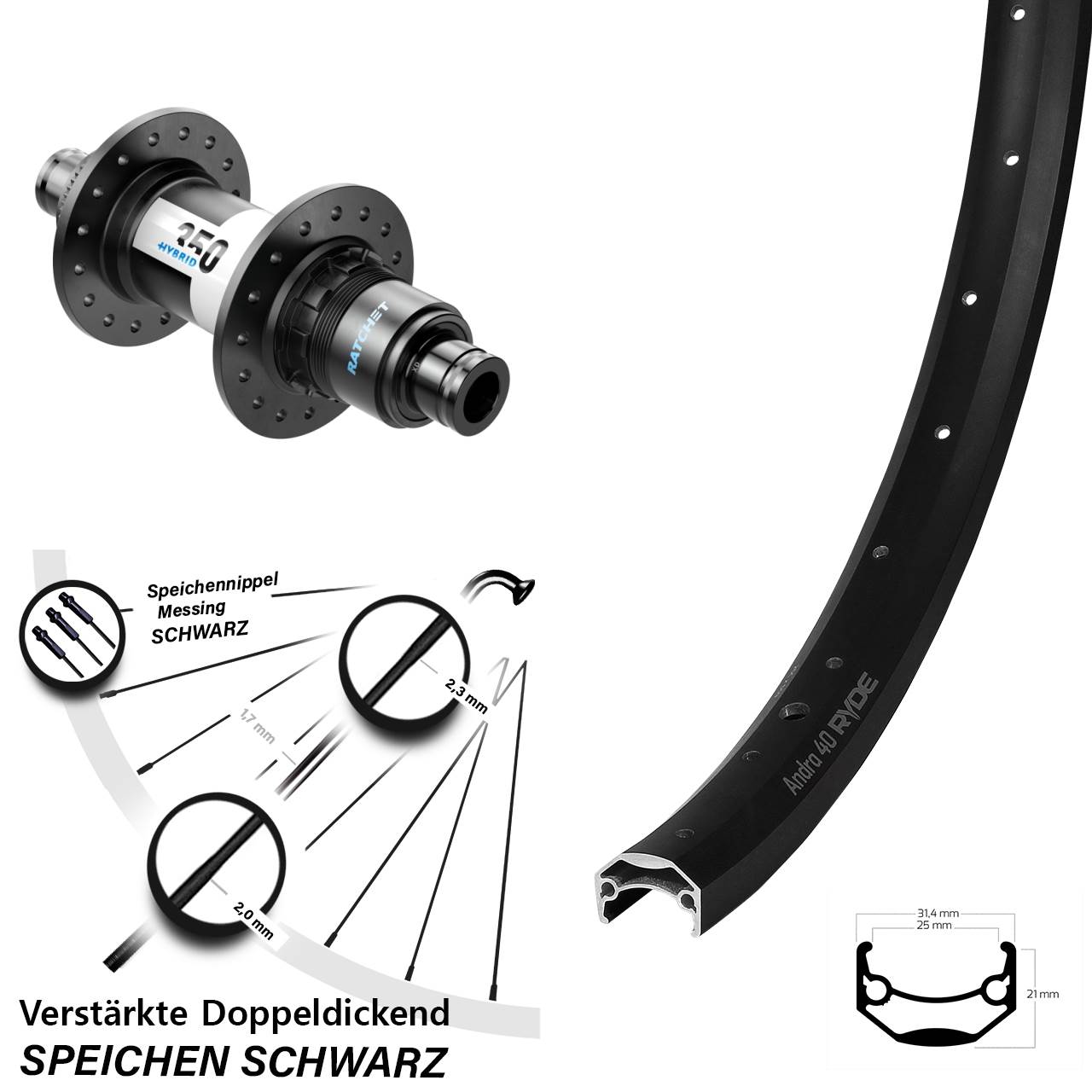Ryde Andra 40 Disc DT Swiss 350 Hybrid 26 Zoll Laufrad 12x148 SRAM XD