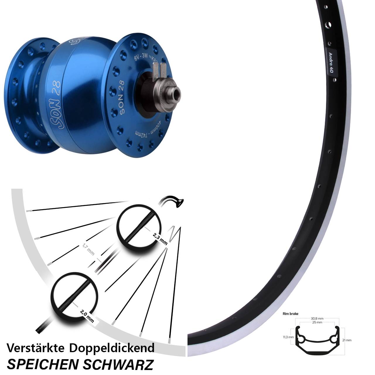 28-29 Zoll Ryde Andra 40 SON 28 blau Vorderrad mit Nabendynamo für Schnellspanner