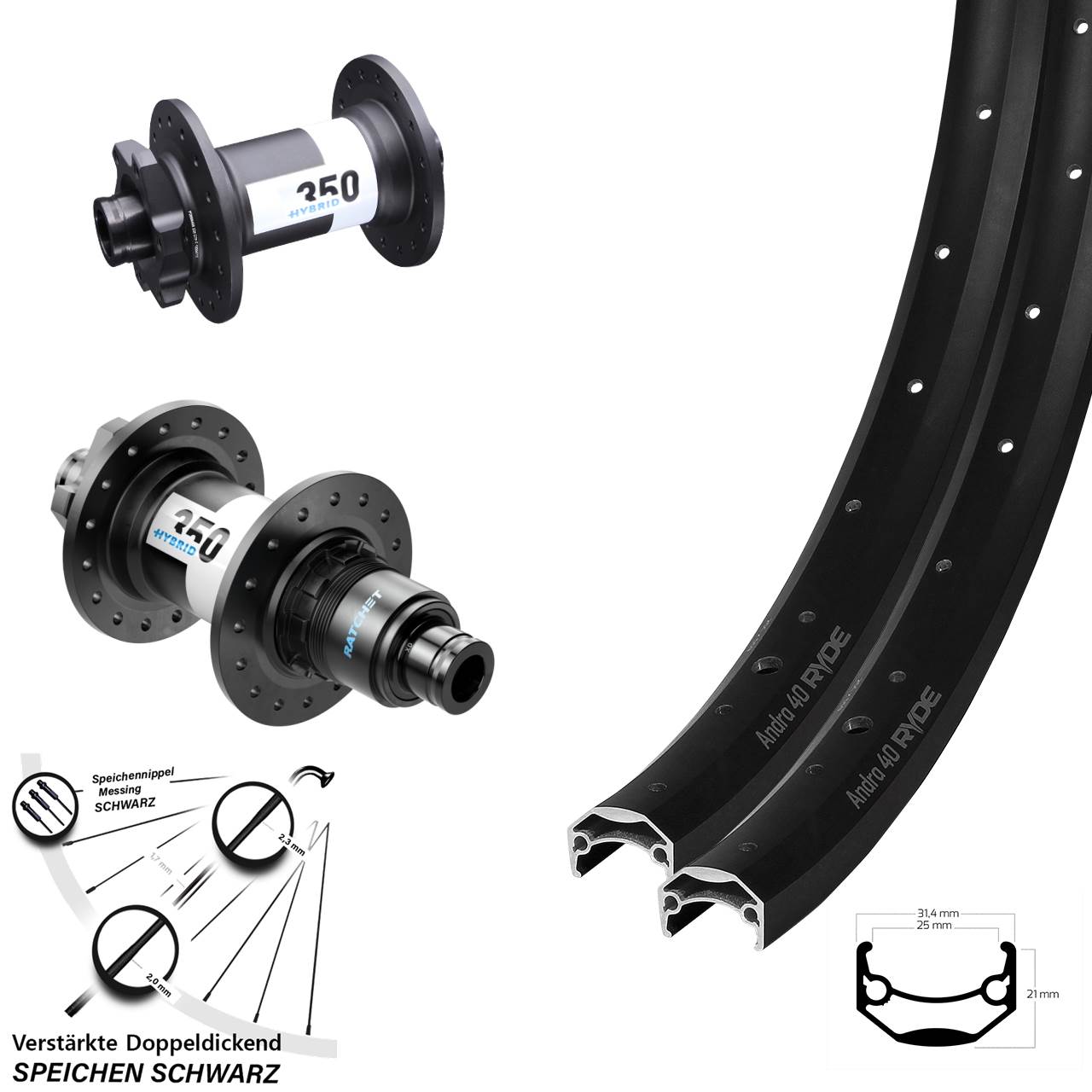 Disc Laufrad-Satz 15x110 12x148 27,5 Zoll Ryde Andra 40 DT Swiss 350 Hybrid XD 11-12 fach