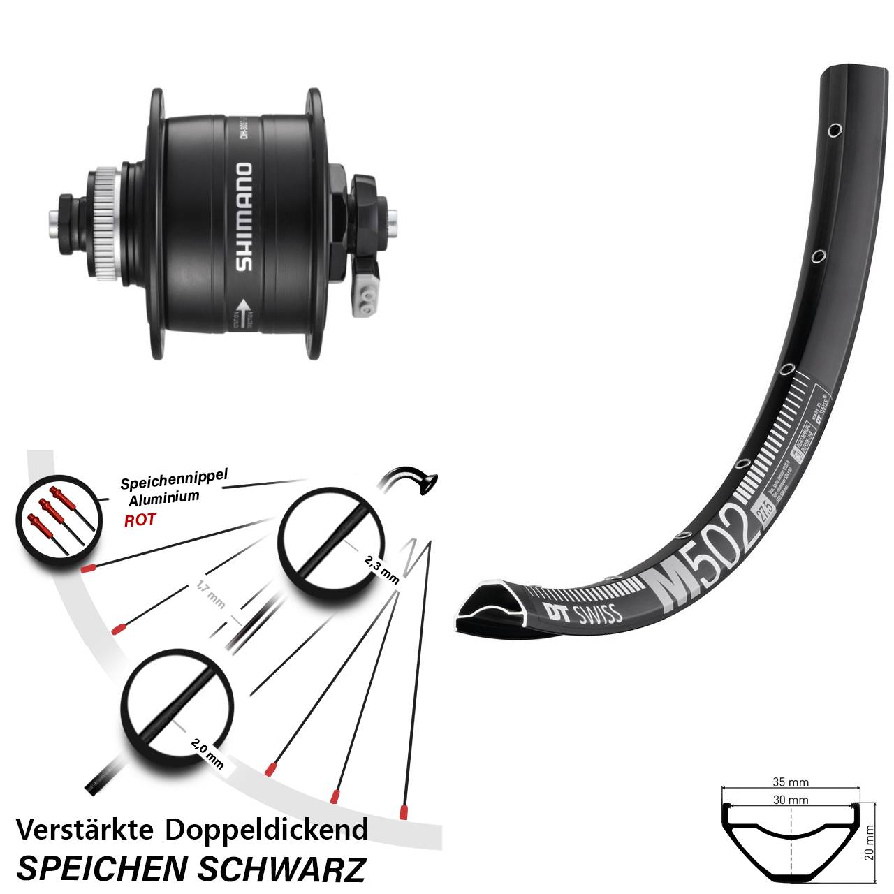 Nabendynamo-Vorderrad Centerlock 29 Zoll DT Swiss M 502 Shimano DH-3D37 für Schnellspanner