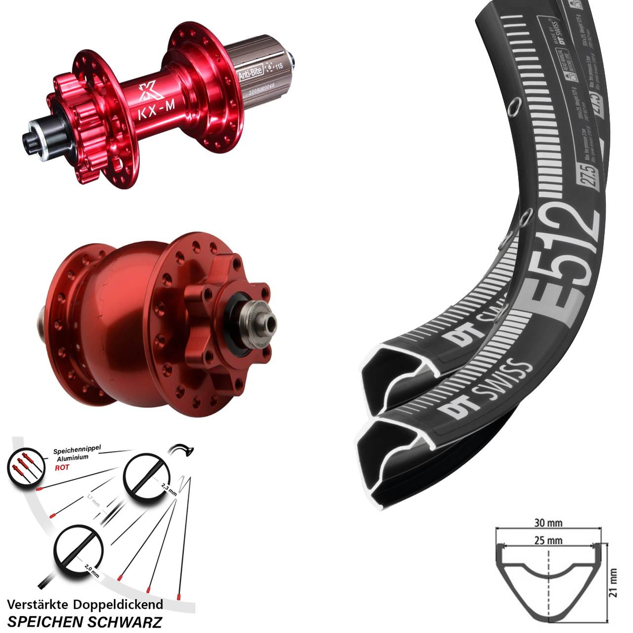 DT Swiss E512 KX-M rot SON 28 Disc 6-Loch 29 Zoll Laufrad-Satz QR 8-12 fach HG
