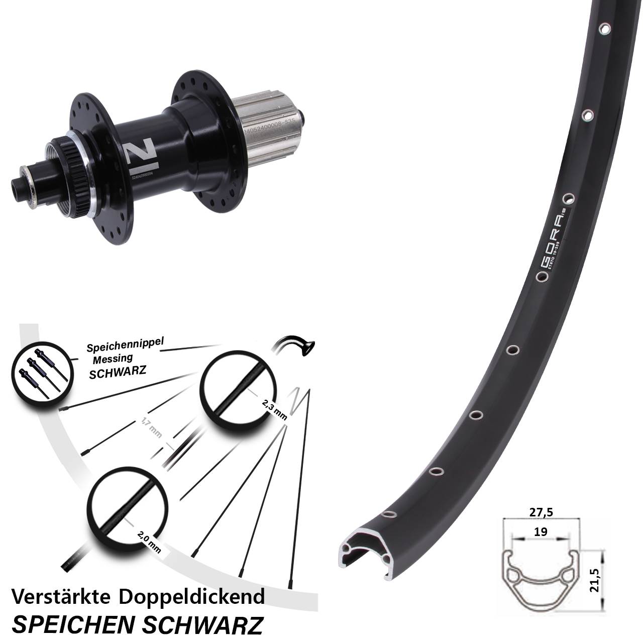 27,5 Zoll Hinterrad Centerl. Gora 19 Novatec D042SB 8-12 fach für Schnellspanner