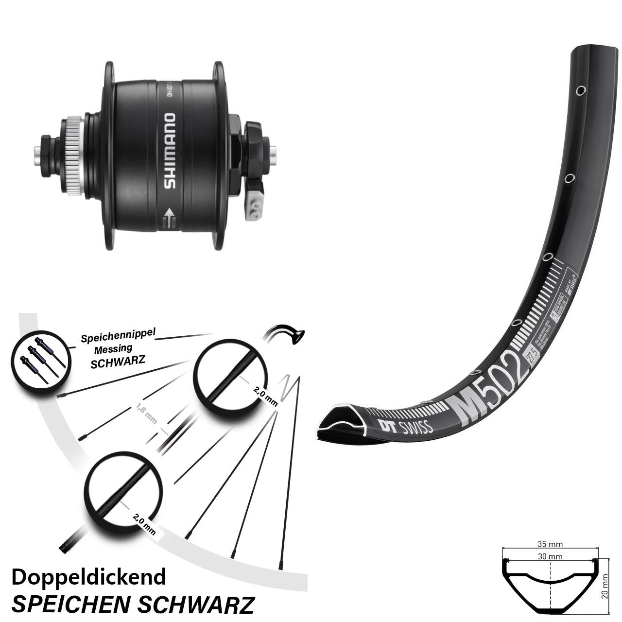 Nabendynamovorderrad Centerlock QR 27,5 Zoll DT Swiss M502 Shimano DH-3D37