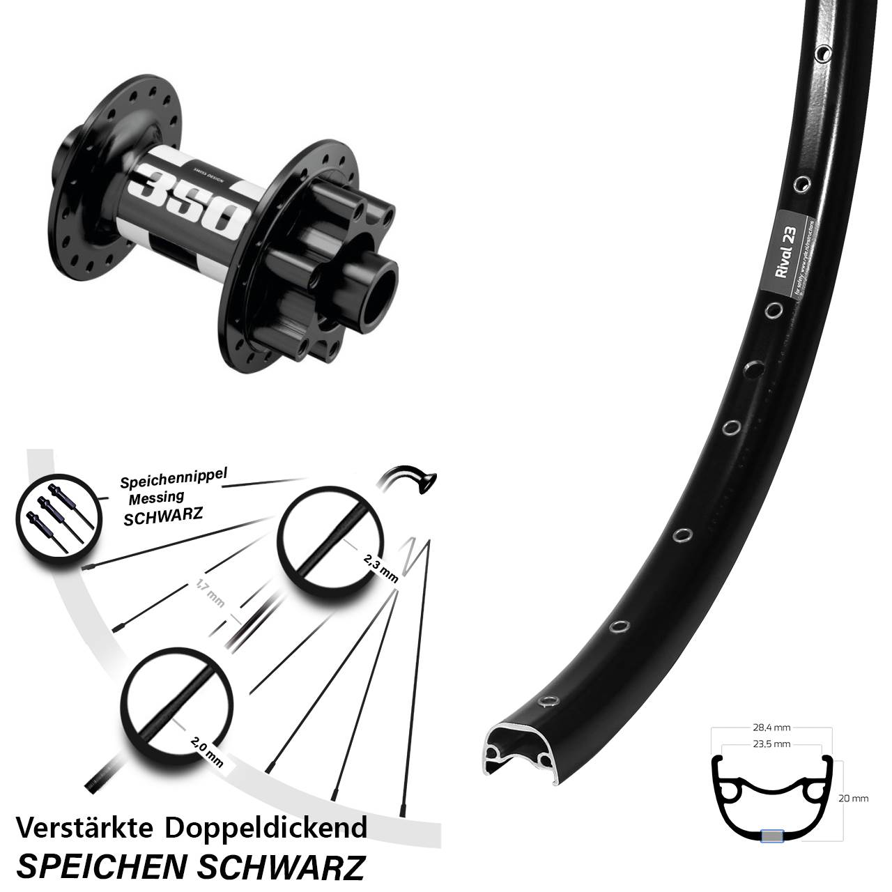 650B Ryde Rival 23 DT Swiss 350 Vorderrad 6-Loch 15x110 Boost