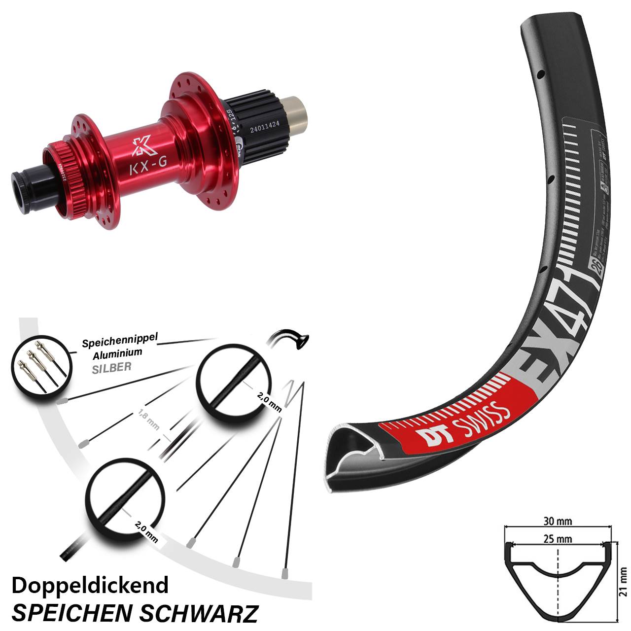 29 Zoll DT Swiss EX471 KX-G rot Centerlock Hinterrad 12x142 Micro Spline
