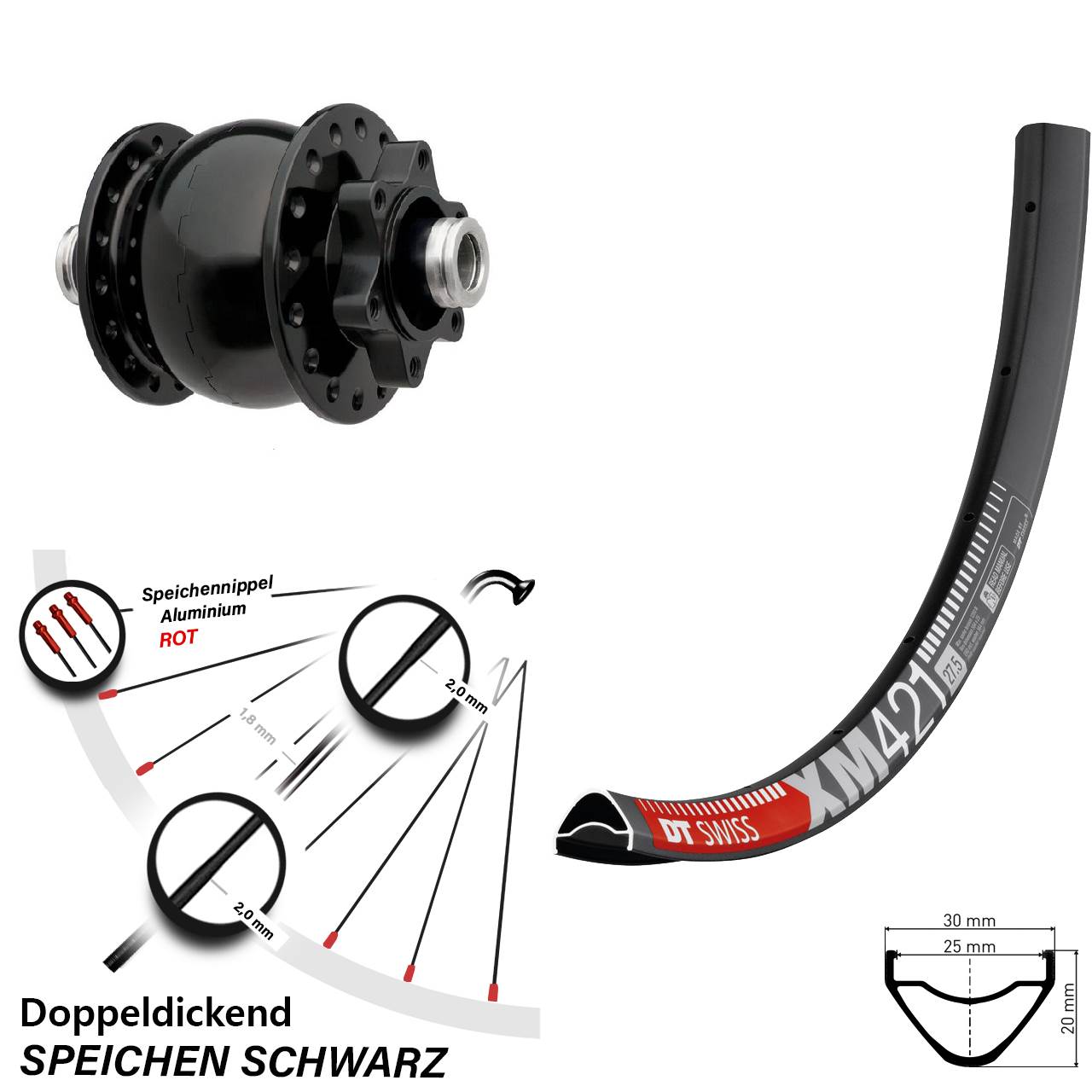27,5 Zoll DT Swiss XM 421 SON 28 Disc Nabendynamolaufrad 12x100