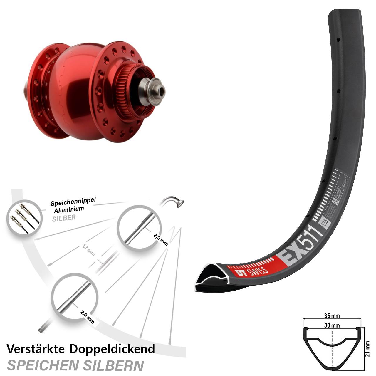 Disc Nabendynamovorderrad 27,5 Zoll DT Swiss EX511 SON 28 rot QR