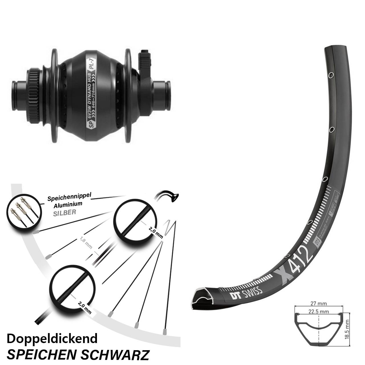 Nabendynamovorderrad Centerlock 12x100 28-29 Zoll DT Swiss X412 Shutter PL-7