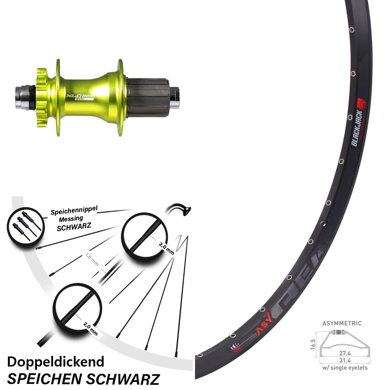 27,5 Zoll Laufrad 12x142 mm Steckachse XLC Evo grün eloxiert Rodi Ready 27-584 ETRTO 8-11 fach