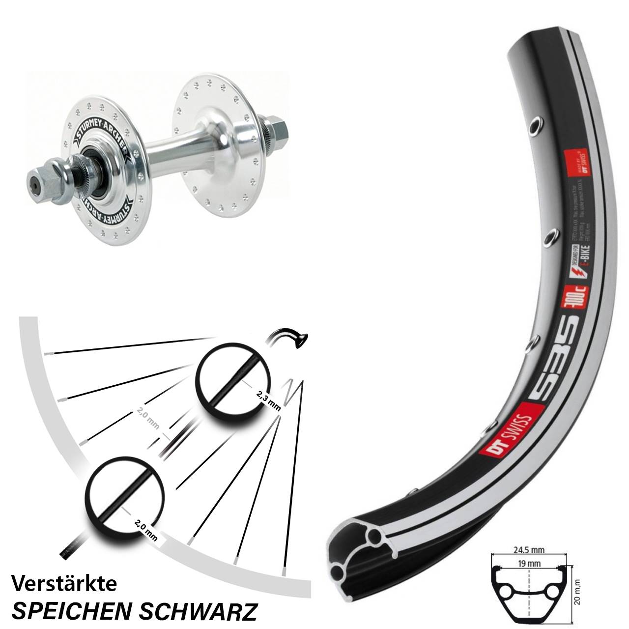 28 Zoll DT Swiss 535 Sturmey Archer HBT30 Vorderrad Vollachse