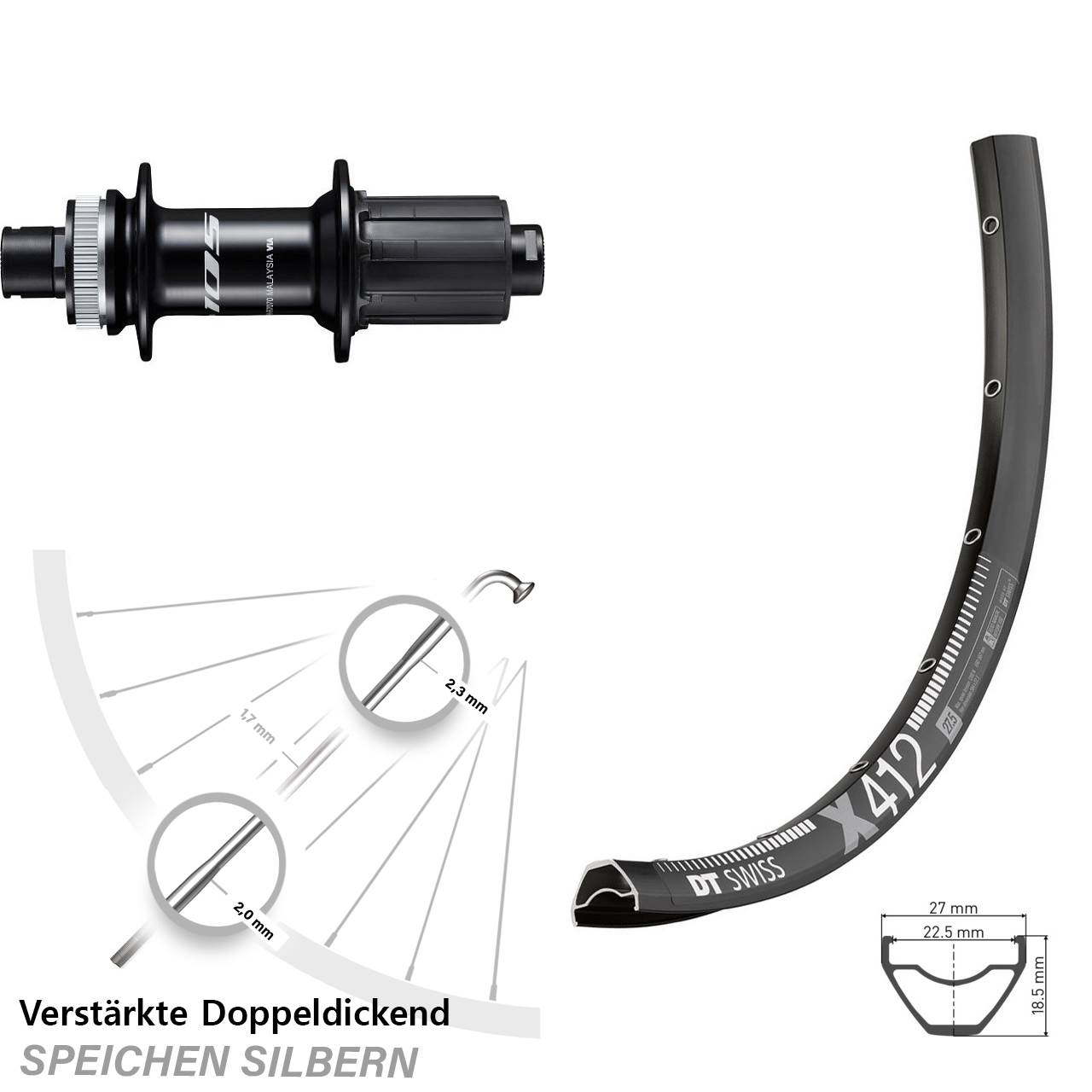 Centerlock Hinterrad 28 Zoll DT Swiss X412 Shimano 105 FH-R7070 8-12 fach 12x142