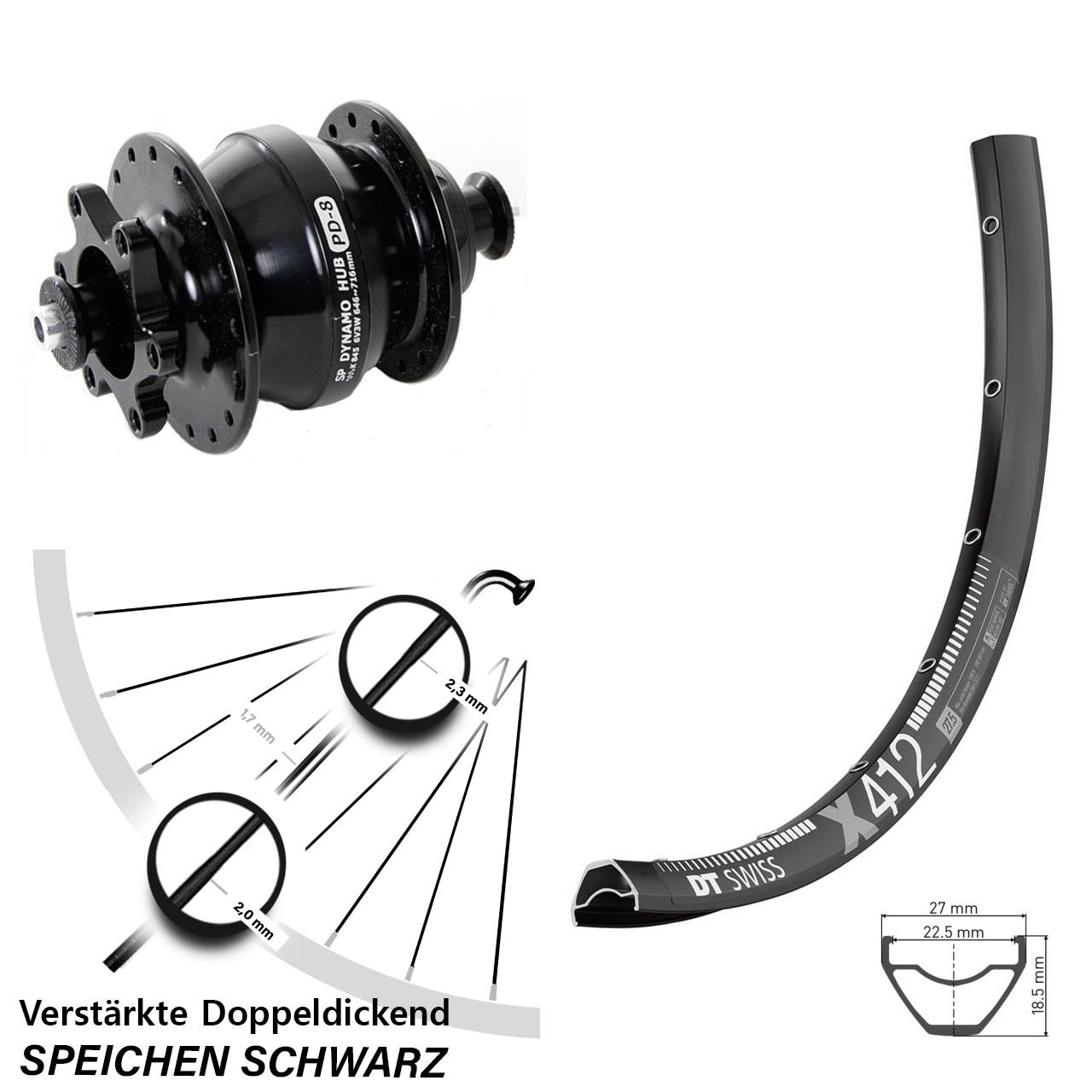 DT Swiss X412 Shutter PD-8 Disc 29 Zoll Vorderrad mit Nabendynamo für Schnellspanner