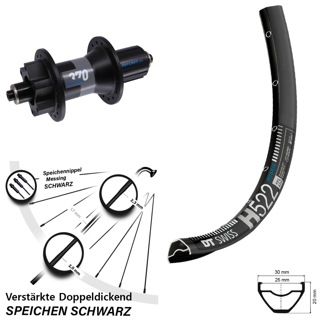 Disc Hinterrad 650B DT Swiss H522 DT Swiss 370 Hybrid 8-11 fach für Schnellspanner Boost