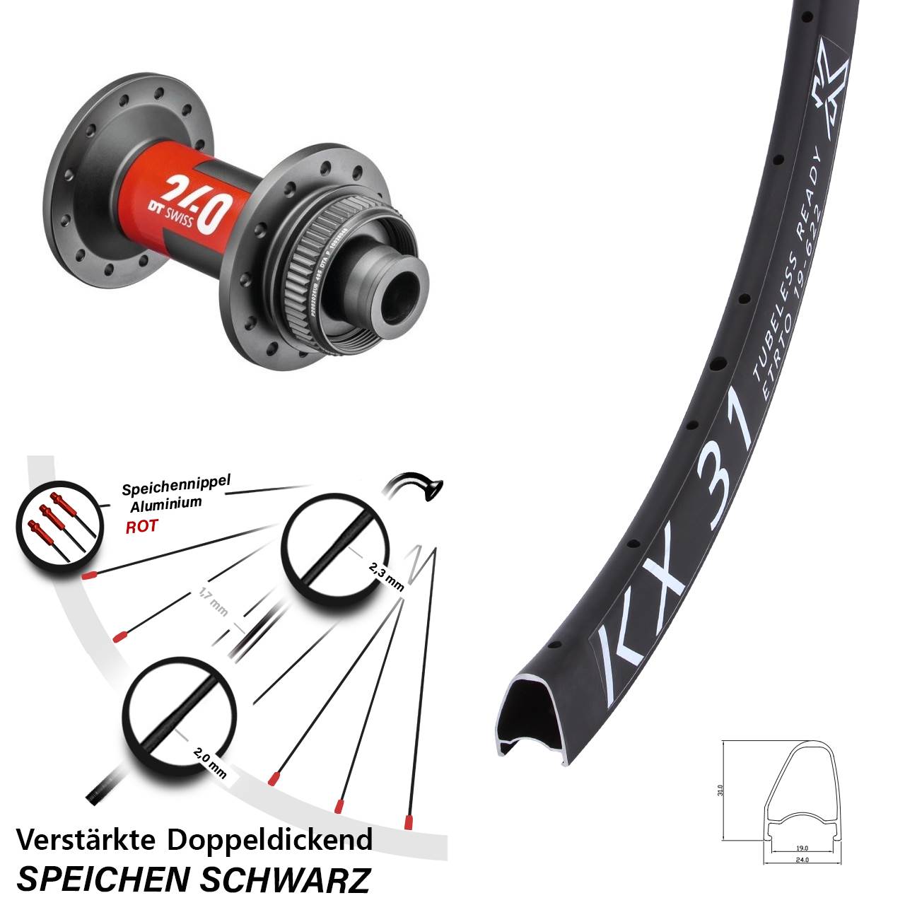 Vorderrad Centerlock 12x100 28 Zoll KX31 OS DT Swiss 240