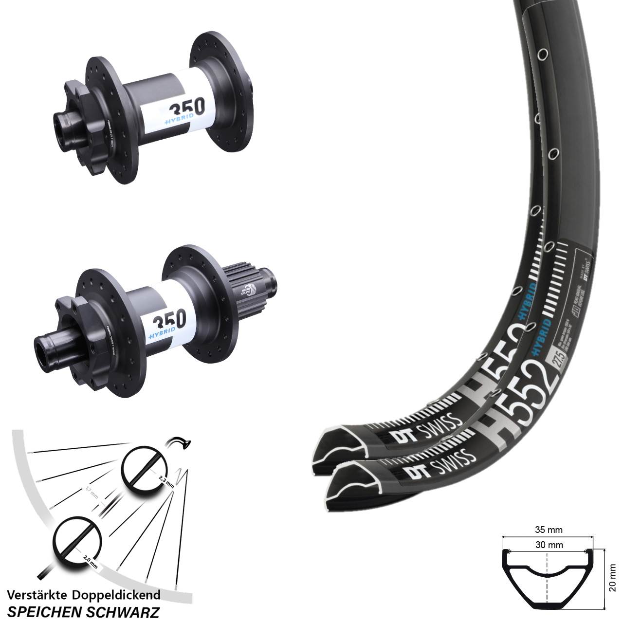 Laufrad-Satz 6-Loch 15x110 12x148 29 Zoll DT Swiss H552-350 Hybrid Shimano Micro Spline