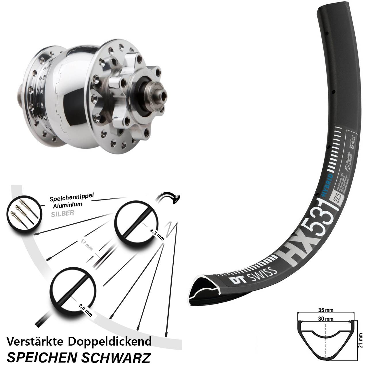 Nabendynamovorderrad 6-Loch 29 Zoll DT Swiss HX531 SON 28 QR