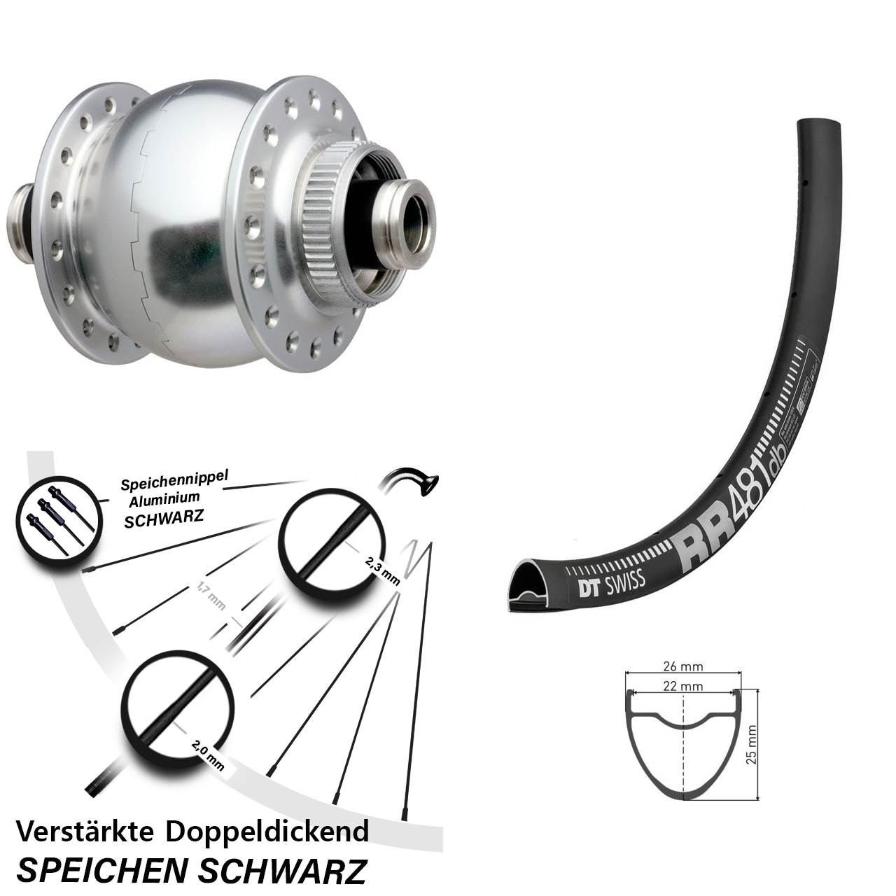 28 Zoll DT Swiss RR481 SONdelux silbern Disc Nabendynamovorderrad 12x100